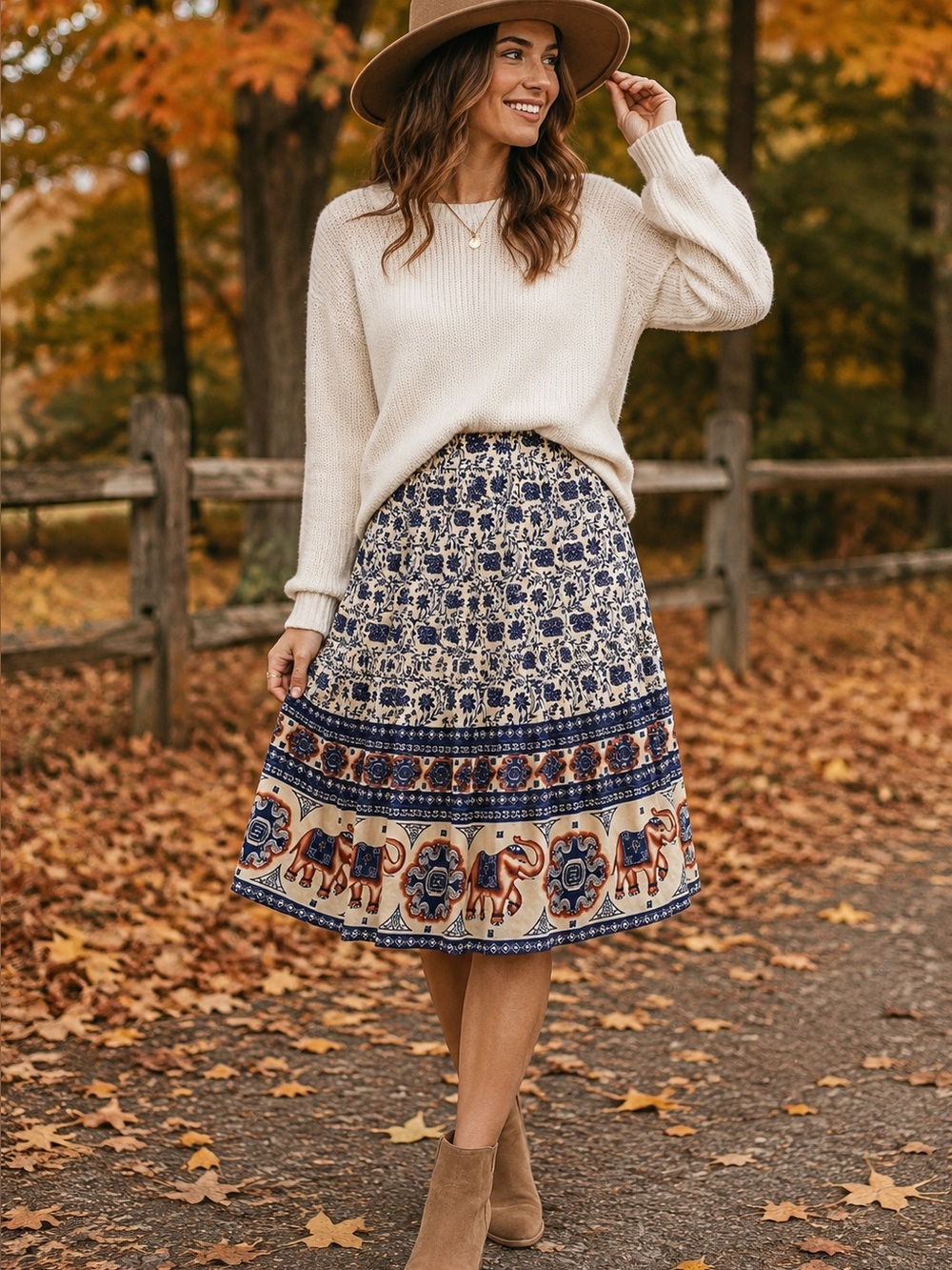 Solitaire Boho Elephant Print Skirt | Size Medium | Blue & Cream A-Line